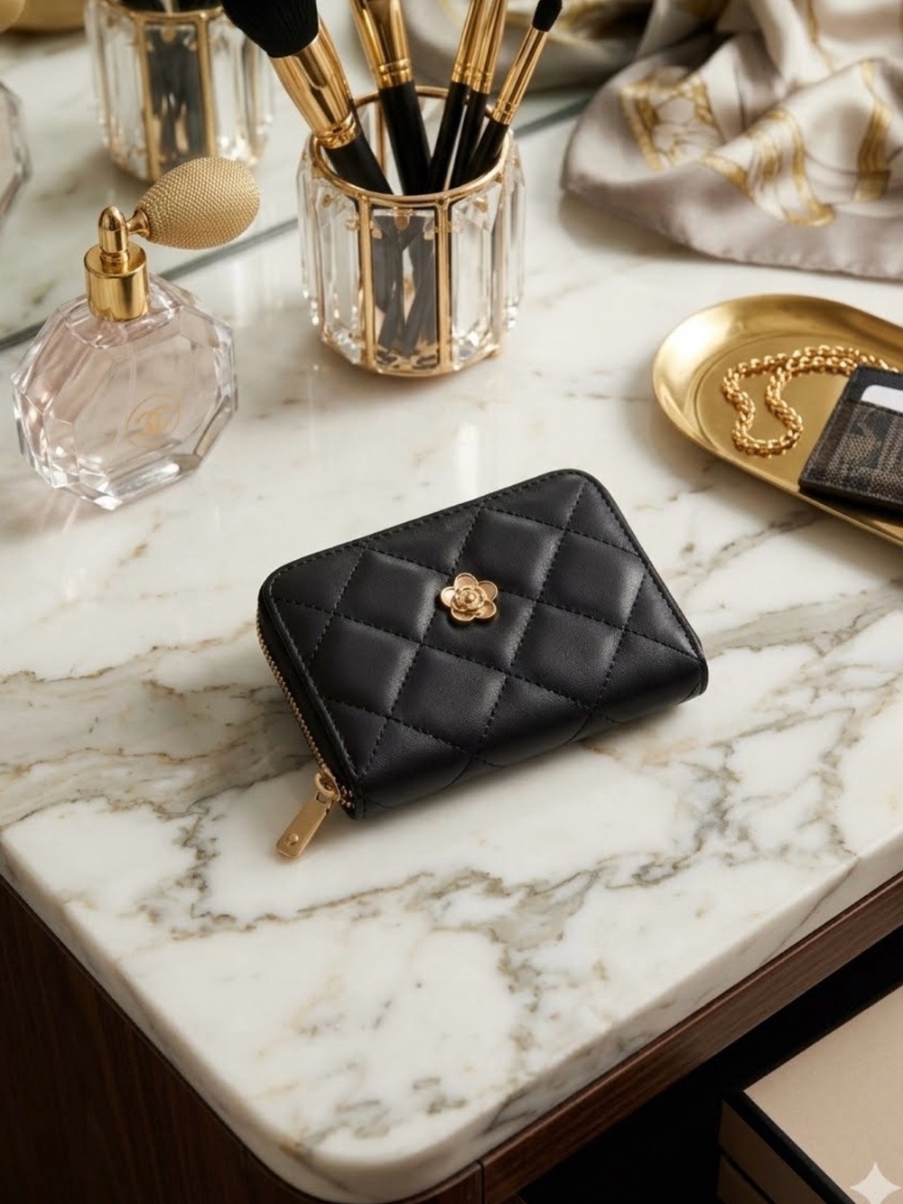 Quilted Zip-Around Accordion Card Wallet in Black with Gold Accent